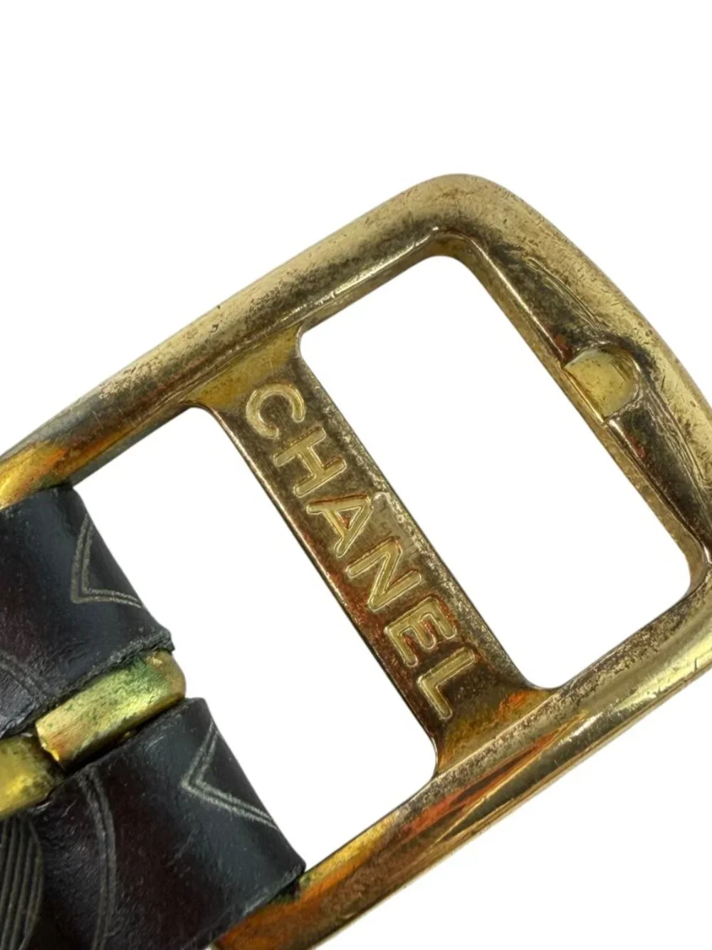 CHANEL Vintage 2001 Black Leather Cuff Bracelet COCO Print Double Buckles